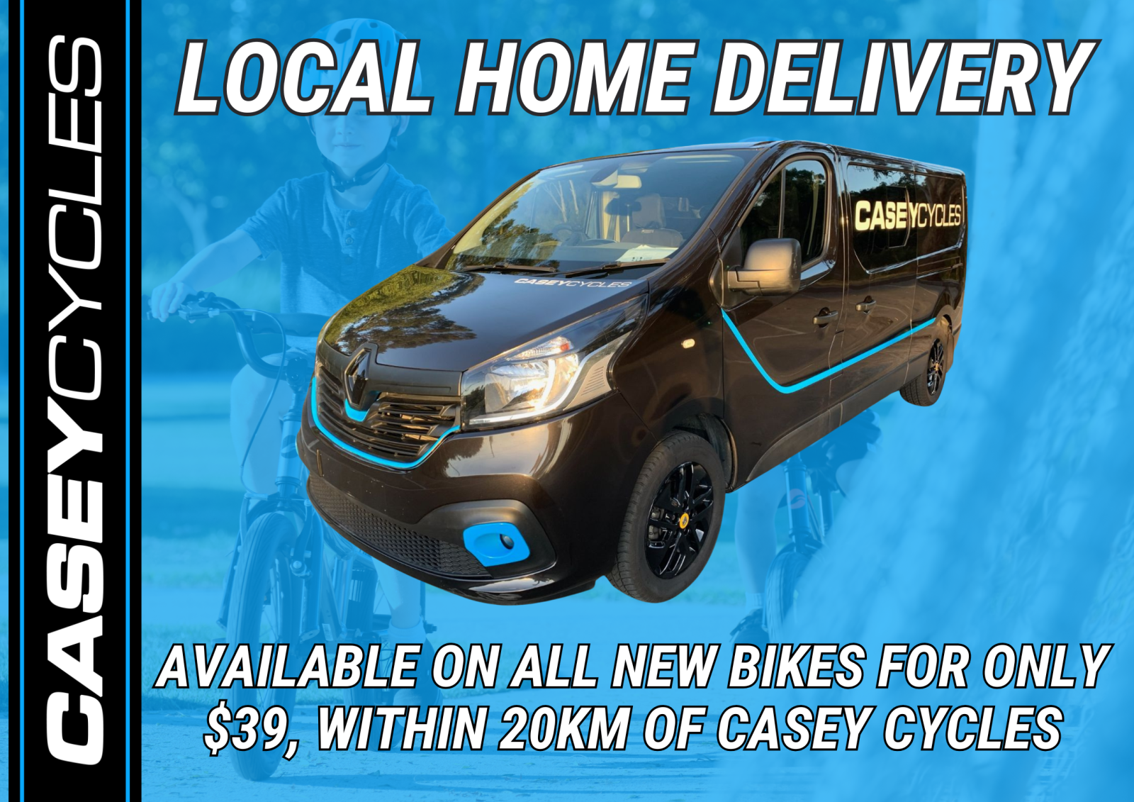 Buy any new bike online or in-store with Casey Cycles and have it delivered direct to your home for just $39!