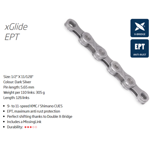 CHAIN - 9/10/11 CUES - KMC xGLIDE - 126L - SILVER - EcoPro TeQ Coating - X-Series - w/Connect Link
