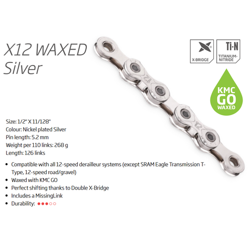 CHAIN - 12 Speed - KMC X12 GO WAX - 126L - SILVER - X-Series - w/Connect Link
