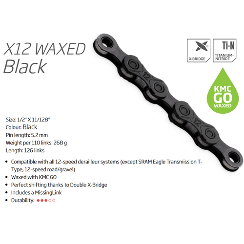 CHAIN - 12 Speed - KMC X12 GO WAX - 126L - BLACK - X-Series - w/Connect Link