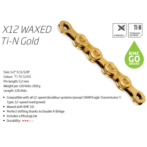 CHAIN - 12 Speed - KMC X12 GO WAX - 126L - TI-N GOLD - X-Series - w/Connect Link
