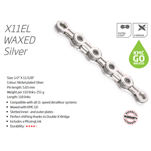 CHAIN - 11 Speed - KMC X11EL GO WAX - 118L - SILVER - X-Series - w/Connect Link