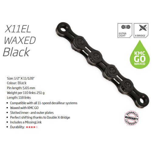 CHAIN - 11 Speed - KMC X11EL GO WAX - 118L - BLACK - X-Series - w/Connect Link