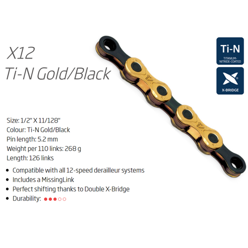 CHAIN - 12 Speed "TRP EVO" Suits other 12 speed KMC X12 - 1/2" x 11/128" x 126L - w/Connect Link, Gold/Black,