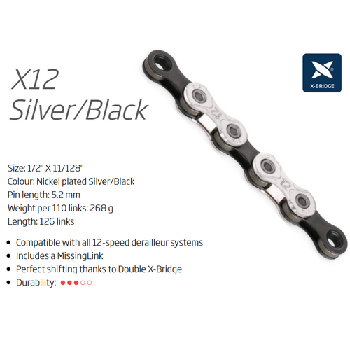 CHAIN - 12 Speed "TRP EVO" Suits other 12 speed drivetrains KMC X12 - 1/2" x 11/128" x 126L - w/Connect Link, Silver/Black,