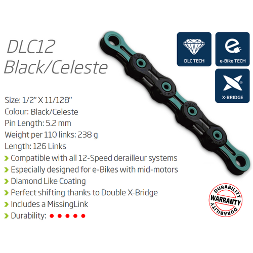 CHAIN - 12 Speed - KMC DLC12 - 126L - CELESTE / BLACK - DLC Diamond Hard - X-Series - w/Connect Link