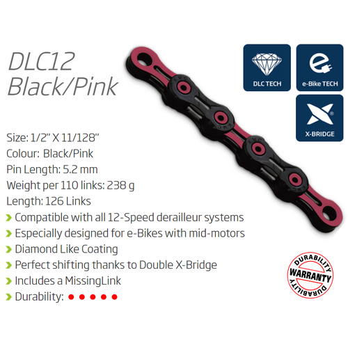 CHAIN - 12 Speed - KMC DLC12 - 126L - PINK - DLC Diamond Hard - X-Series - w/Connect Link
