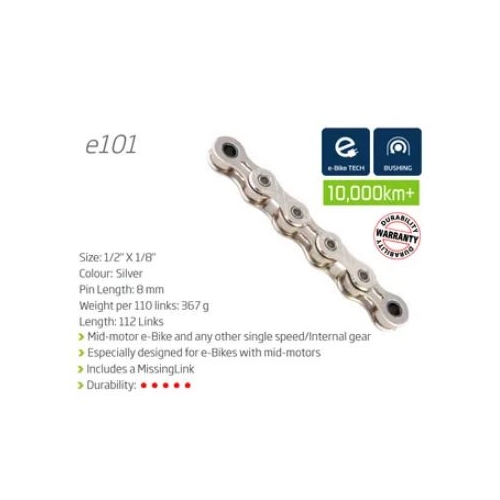 CHAIN - Single Speed - KMC E101 - 112L - SILVER - w/Connect Link - (Ebike Chain, higher pin power for e-Bike torque)