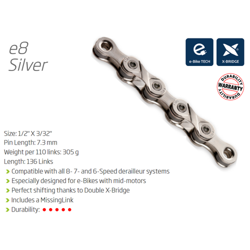 CHAIN - 6-8 Speed - KMC E8 - 136L - SILVER/SILVER - w/Connect Link