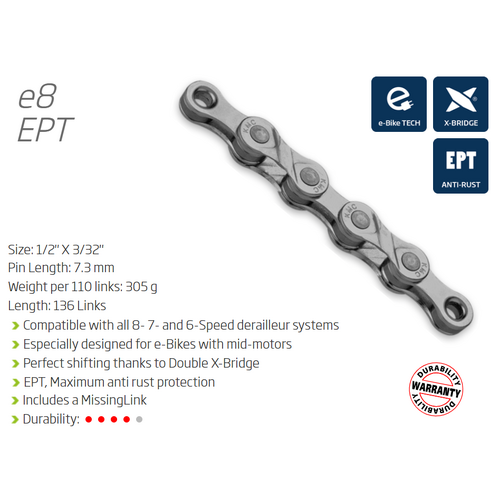 CHAIN - 8 Speed - KMC E8 Turbo EPT - 136L - DARK SILVER - EcoPro TeQ Coating - w/Connect Link - EXTRA LONG - (Ebike Chain, higher pin power for e-Bike