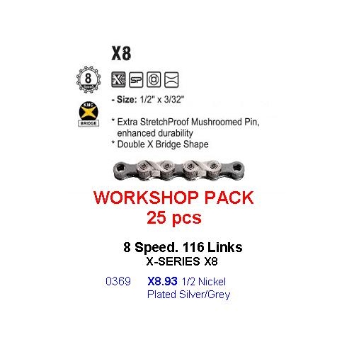 CHAIN WORKSHOP BOX - 6-8 Speed - KMC X8.93 - 116L - SILVER/GREY - w/Connect Link - Includes 25 Chains