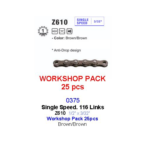 CHAIN WORKSHOP BOX - Single Speed - KMC Z1 - 112L - BROWN - w/Connect Link - Includes 25 Chains