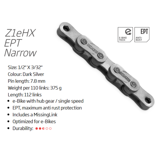 CHAIN - Single Speed - KMC Z1 eHX - 112L - SILVER - with EPT coating, w/Connect Link - (Ebike Chain, higher pin power for e-Bike torque)
