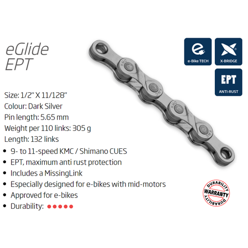 CHAIN - 9/10/11 CUES - KMC eGLIDE - 132L - DARK SILVER - EcoPro TeQ Coating - X-Series - w/Connect Link