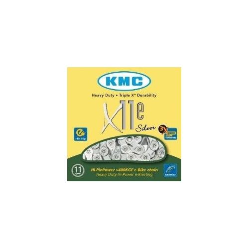 CHAIN - 11 Speed - KMC E11 - 122L - SILVER - w/Connect Link - (Ebike Chain, higher pin power for e-Bike torque)