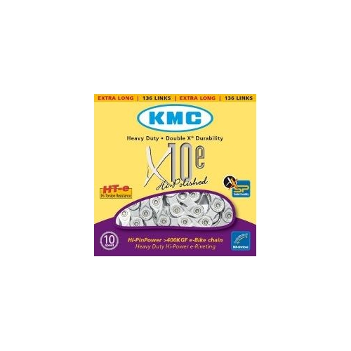 CHAIN - 10 Speed - KMC E10 - 136L - SILVER - w/Connect Link - EXTRA LONG - (Ebike Chain, higher pin power for e-Bike torque)