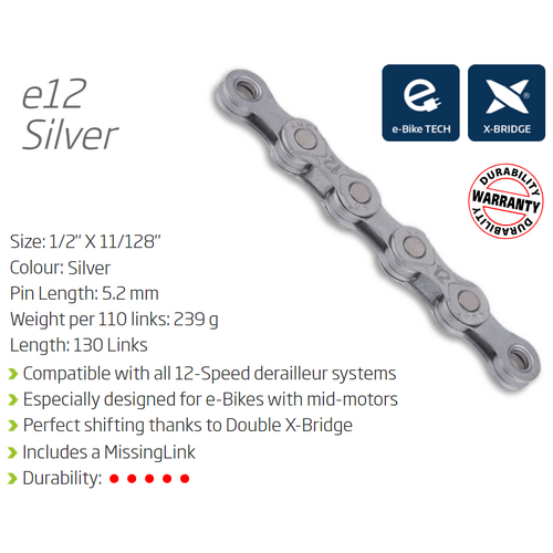 CHAIN - 12 Speed - KMC E12 - 130L - SILVER - w/Connect Link - (Ebike Chain, higher pin power for e-Bike torque)