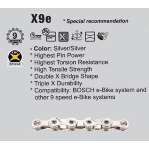 CHAIN - 9 Speed - KMC E9 - 136L - SILVER - w/Connect Link - EXTRA LONG - (Ebike Chain, higher pin power for e-Bike torque)