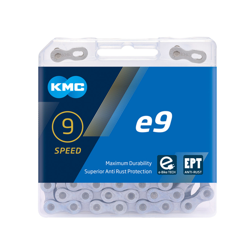 CHAIN - 9 Speed - KMC E9 EPT - 136L - DARK SILVER - EcoPro TeQ Coating - w/Connect Link - EXTRA LONG - (Ebike Chain, higher pin power for e-Bike torqu