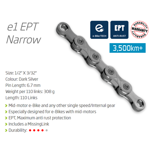 CHAIN - Single Speed - KMC E1 EPT - 110L - DARK SILVER - EcoPro TeQ Coating - w/Connect Link - (Ebike Chain, higher pin power for e-Bike torque)