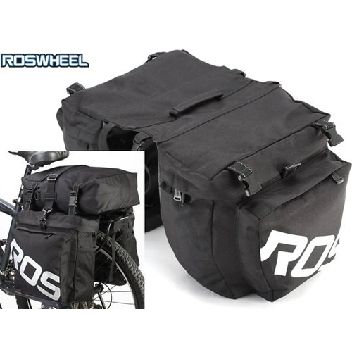 ROSWHEEL Pannier set, Top bag and side bags, water resistant,  Side bags H33/W30cm, Top bag  H34/W30cm, 1000D reinforced polyester, Black