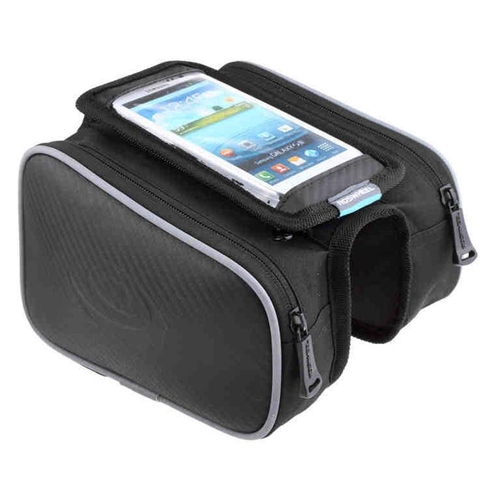 SAHOO Top Bar Bag with Phone Holder, velcro attach Large 19/H11/W5cm, Black, 2 main pockets. 1 phone pocket w/clear PVC.