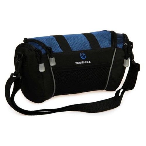 SAHOO Handlebar bag, compact 5 L capacity, 4 pockets, velcro attach L32,W11/H17cm, Black with blue top