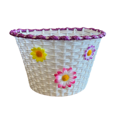 Kids Handlebar Basket - White/Magenta with Flowers