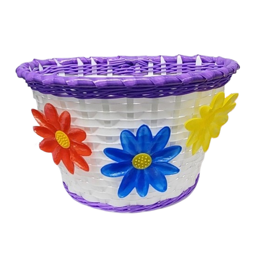 BASKET - Front, Kids, White with Purple Strip & Large Flowers