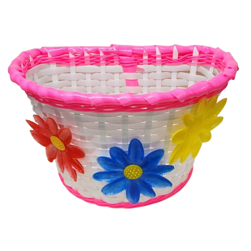BASKET - Front, Kids, White with Pink Strip & Large Flowers