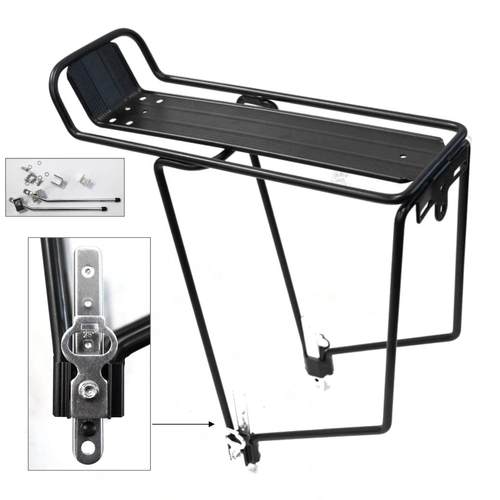 CARRIER - Rear Carrier, Adjustable For 26"-29er" Bikes, With Top Plate and Fittings 13cm Long, Alloy, BLACK, Made in Taiwan