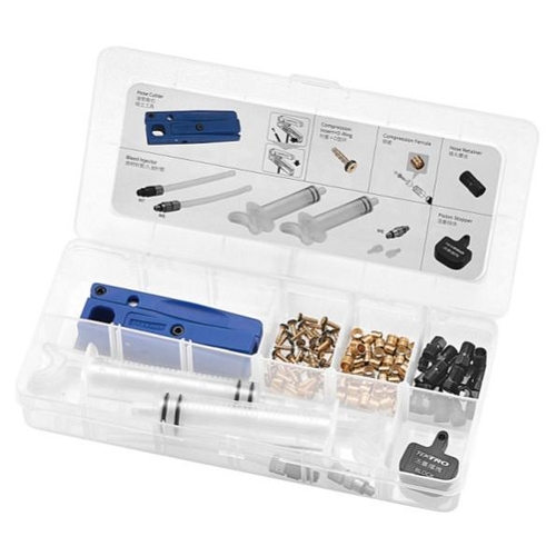 Tektro. HYDRAULIC, workshop service kit; syringe x 2 , hose retainer x 25, compression ferrules x 50, brass inserts with O-ring x 50, hose cutter x 1,