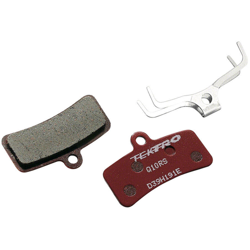 Disc brake pads, TEKTRO, Mod.Q10RS, semi metallic organic for Tektro/shimano 4 piston caliper, w/return spring, red color.