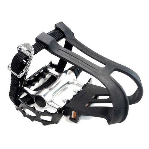 PEDALS, 9/16" axle, MTB, ALLOY body & cage, Silver body, BLACK cage, With Toe Clip & Straps Inc, Quality VP product