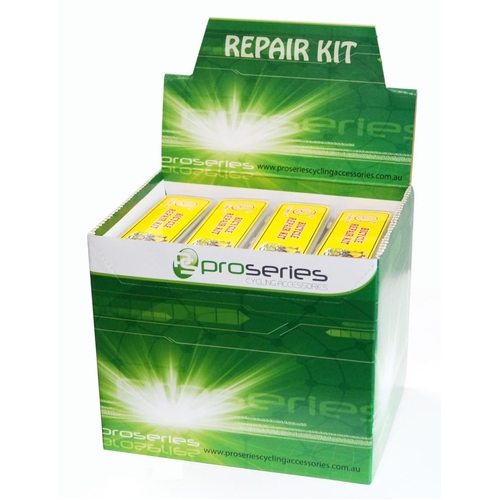 Glueless Repair Kits with levers in COUNTER DISPLAY BOX, of 25 Kits,  kit incl. 2 plastic levers, 12 glueless patches, sandpaper