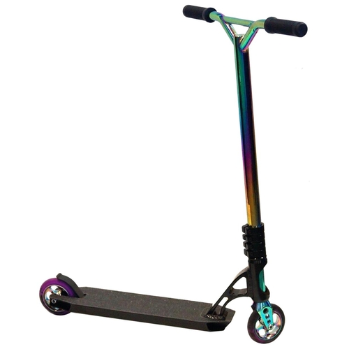 SCOOTER  Park, Metal Heat, 7005-T6 alloy deck with integrated headtube, 6061-T6  CNC fork,  4 bolt clamp, 34.9mm 4130 chromoly bar, 110mm alloy core w