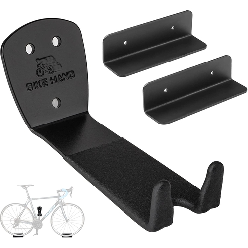 Bicycle wall hanger, using Pedal to easily mount on wall bracket with additional wheel supports, Black