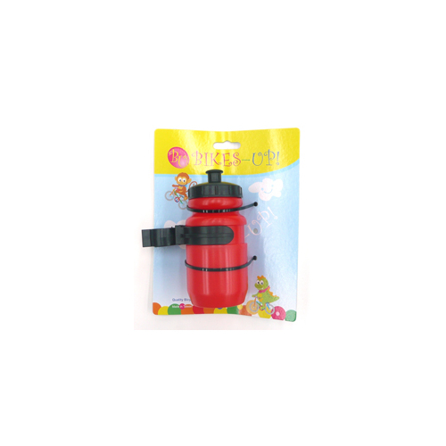 BOTTLE - Mini Water Bottle, 400cc, BIKES UP! Tie Card, With Black Adjustable Cage, RED