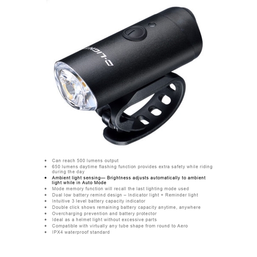 LIGHT  Headlight, front, 6 function  500 Lumen or 650Lumen Daytime Flash, w/USB cable, Quality D-Light product, Great light, fits almost all handlebar