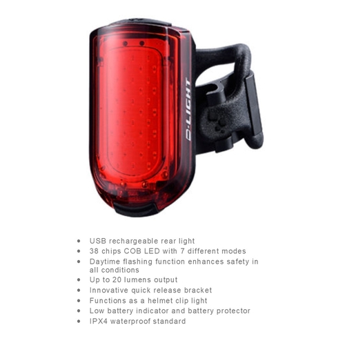 LIGHT  Rear, 7 function , w/Daytime Flash, w/USB cable, high intensity 38 COB chips, 20 Lumen - Quality D-Light product, add item 8383 for "go-Pro" mo