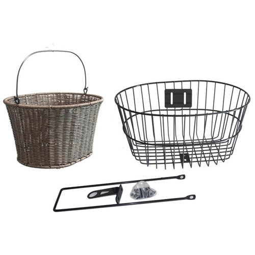 BASKET  Combination, Fixed Mount with Stay & 1" Fittings, for Quill stem, Oval Removable PolyrattanBasket with 2 Handles and Oval Steel BLACK Fixed Ba