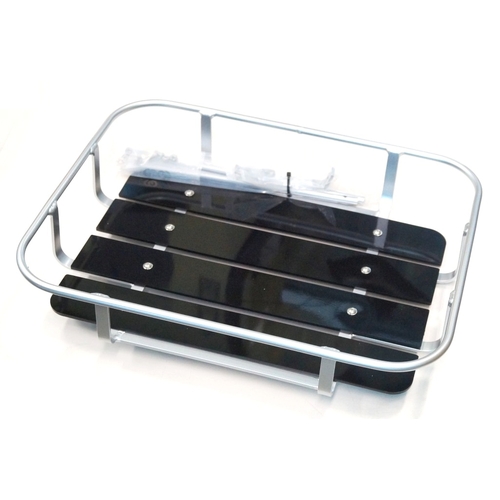 BASKET - Front, Tray Style, PLASTIC Slats on Alloy Frame, With Handle, SILVER, 50cm x 39cm x 8cm, Supplied With Fittings