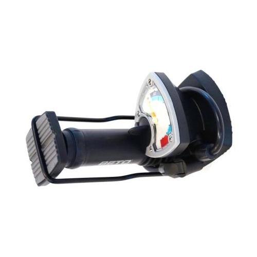 FOOT PUMP,   w/ big gauge,   fits schrader / presta,  needle stored in base