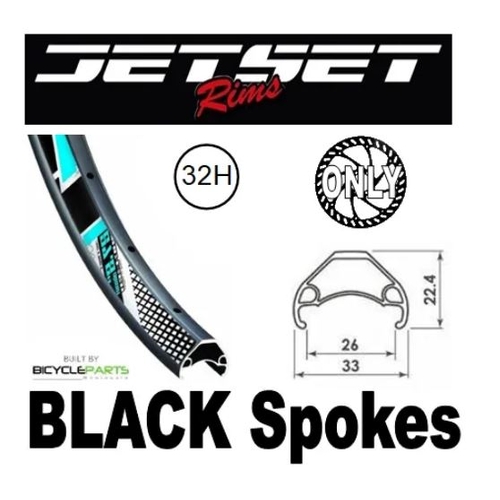 WHEEL - 29er Jetset HC-E331 32H P/j Matt Black Rim, FRONT Q/R (100mm OLD) 6 Bolt Disc Loose Ball Black Hub, Mach 1 BLACK Spokes