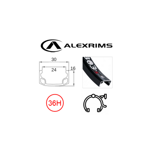 RIM 16" x 24mm - ALEX Y303 - 36H - (305 x 24) - Schrader Valve - Rim Brake - S/W - BLACK - (ERD 296)