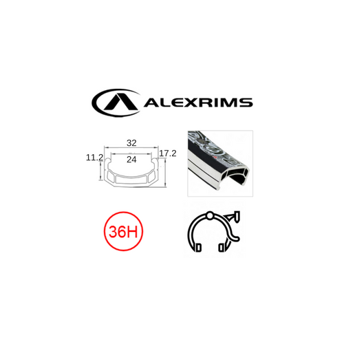 RIM 24" x 24mm - ALEX DM24 - 36H - (507 x 24) - Schrader Valve - Rim Brake - D/W - BLACK - Eyeleted - MSW - (ERD 495)