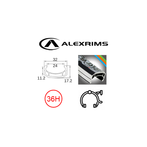 RIM 26" x 24mm - ALEX DM24 - 36H - (559 x 24) - Schrader Valve - Rim Brake - D/W - BLACK - Eyeleted - MSW - (ERD 546mm)