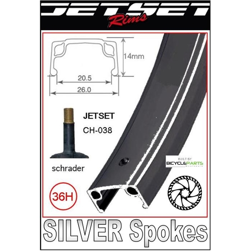 WHEEL - 24" JETSET S/w 36H A/v B/s BLACK Rim, FRONT Q/R (100mm OLD) 6 Bolt Disc Loose Ball Joytech Black Hub, Mach1 SILVER Spokes