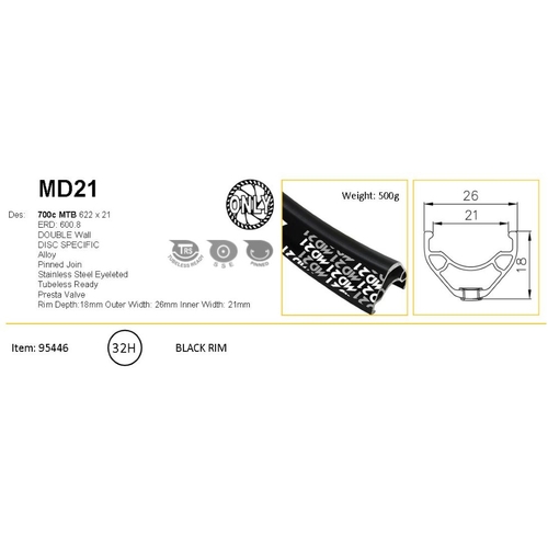 RIM 29er x 21mm - ALEX MD21 - 32H - (622 x 21) - Schrader Valve - Disc Brake - D/W - BLACK - Eyeleted - Tubeless Ready - (Requires AV tubeless valve)