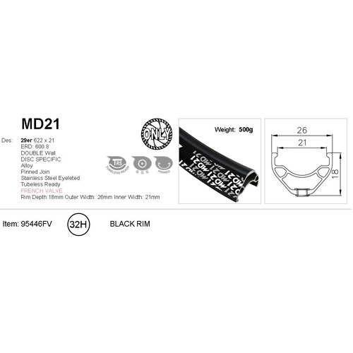 RIM 29er x 21mm - ALEX MD21 - 32H - (622 x 21) - Presta Valve - Disc Brake - D/W - BLACK - Eyeleted - Tubeless Ready